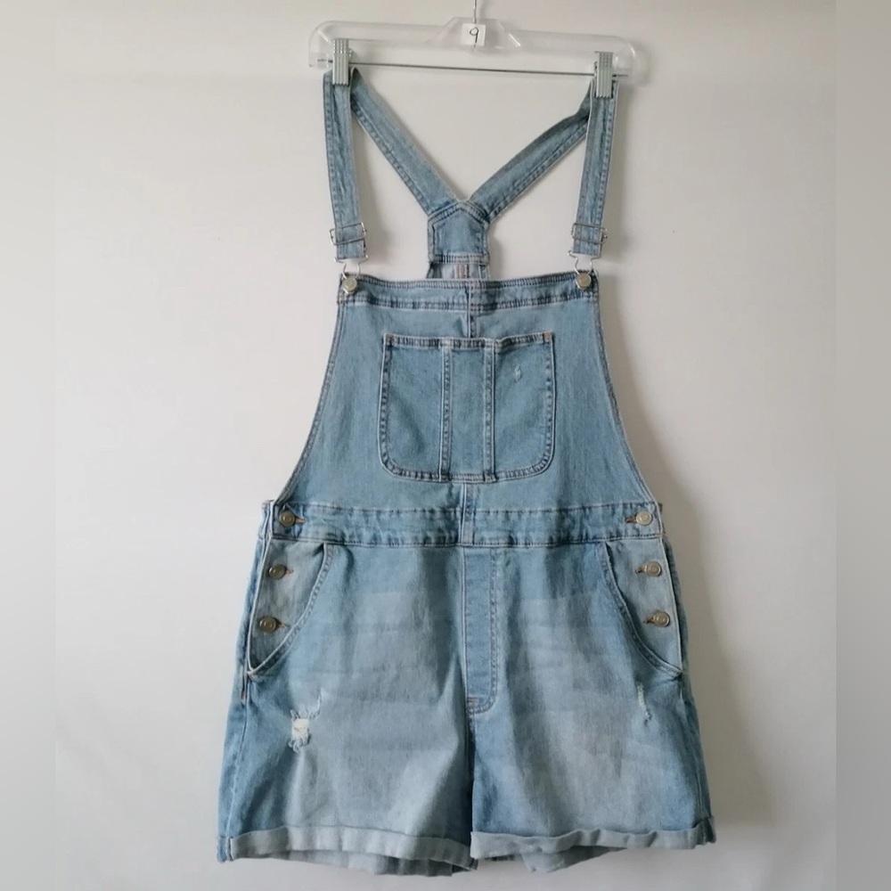 No Boundaries Womens Light Blue High Waist Distressed Denim Romper